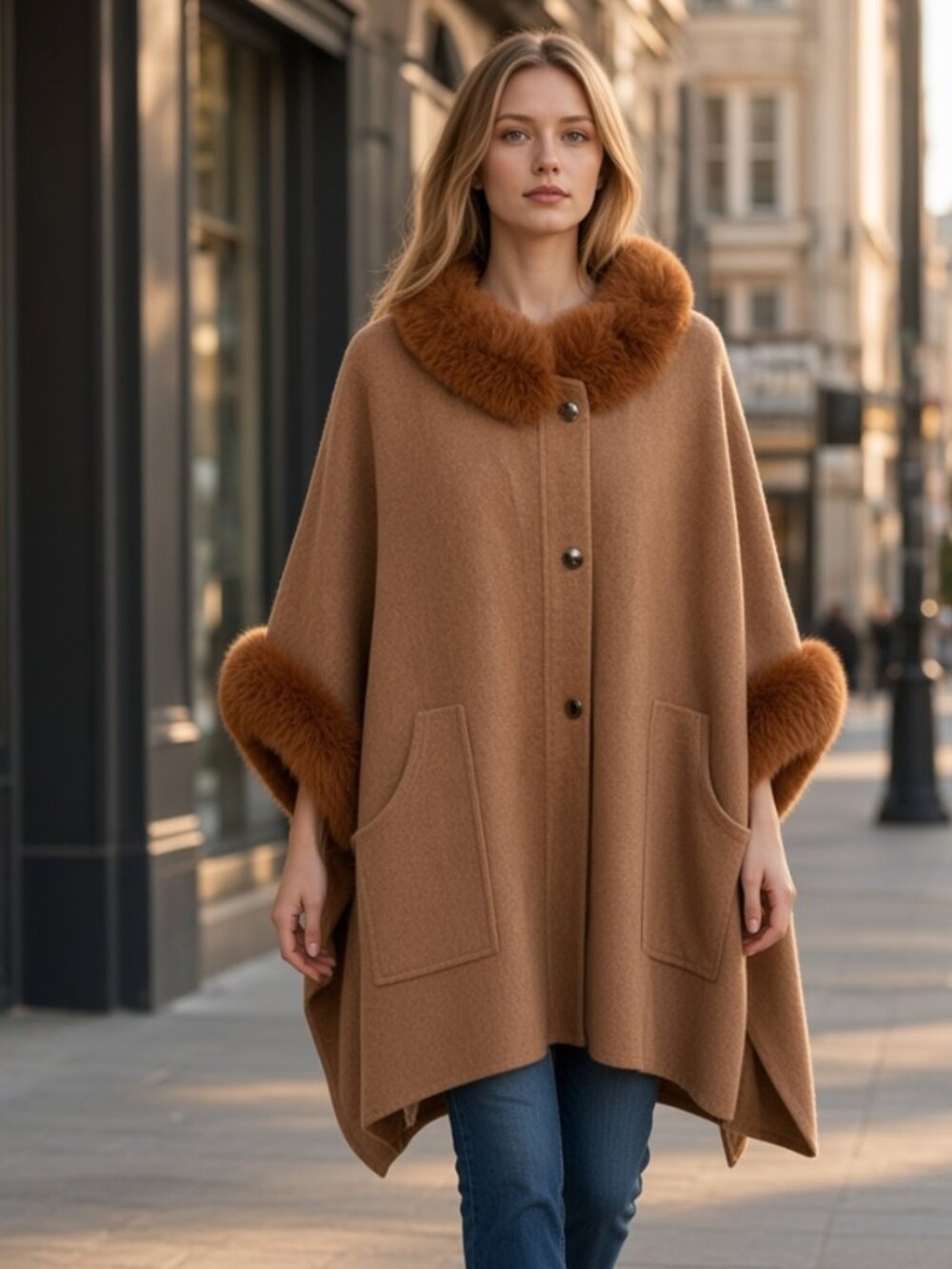 Pretty Persuasions Camel Faux Fur Collar Cape Coat – One Size – NWT
